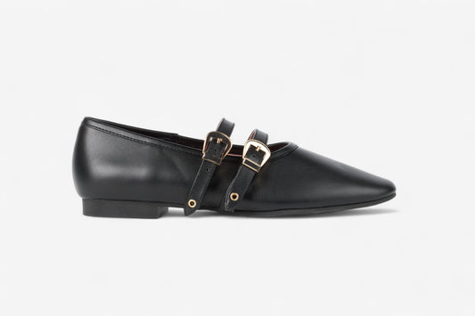 Dover Black Leather Flat with Double Strap Detail