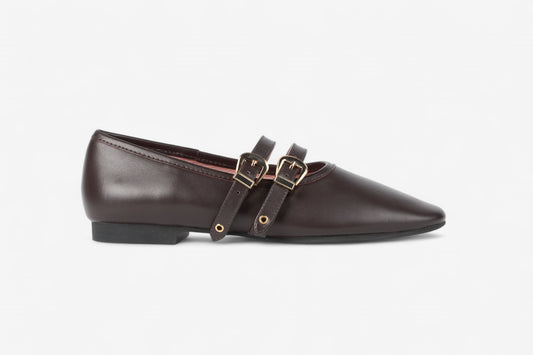 Dover Brown Leather Flat with Double Strap Detail