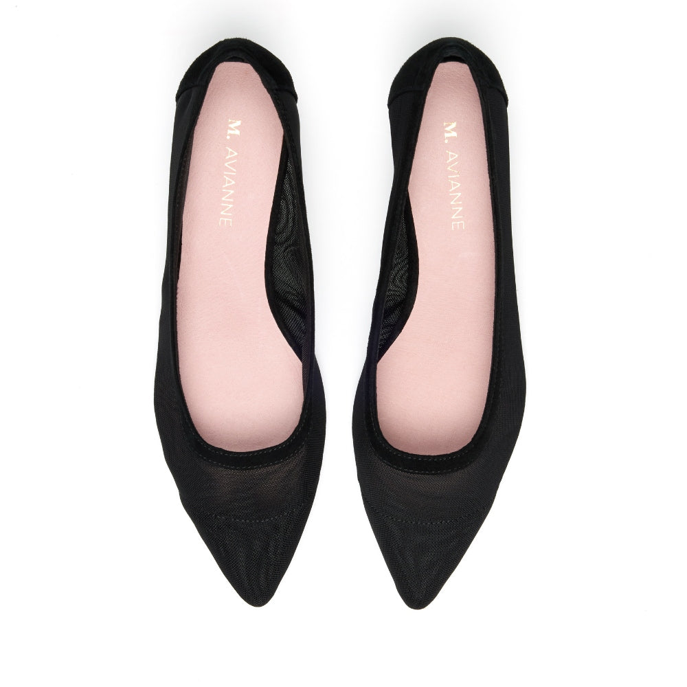 Pair of Lisbon Suede Heels Black Mesh, designed for elegance and comfort, perfect for both professional and evening wear.