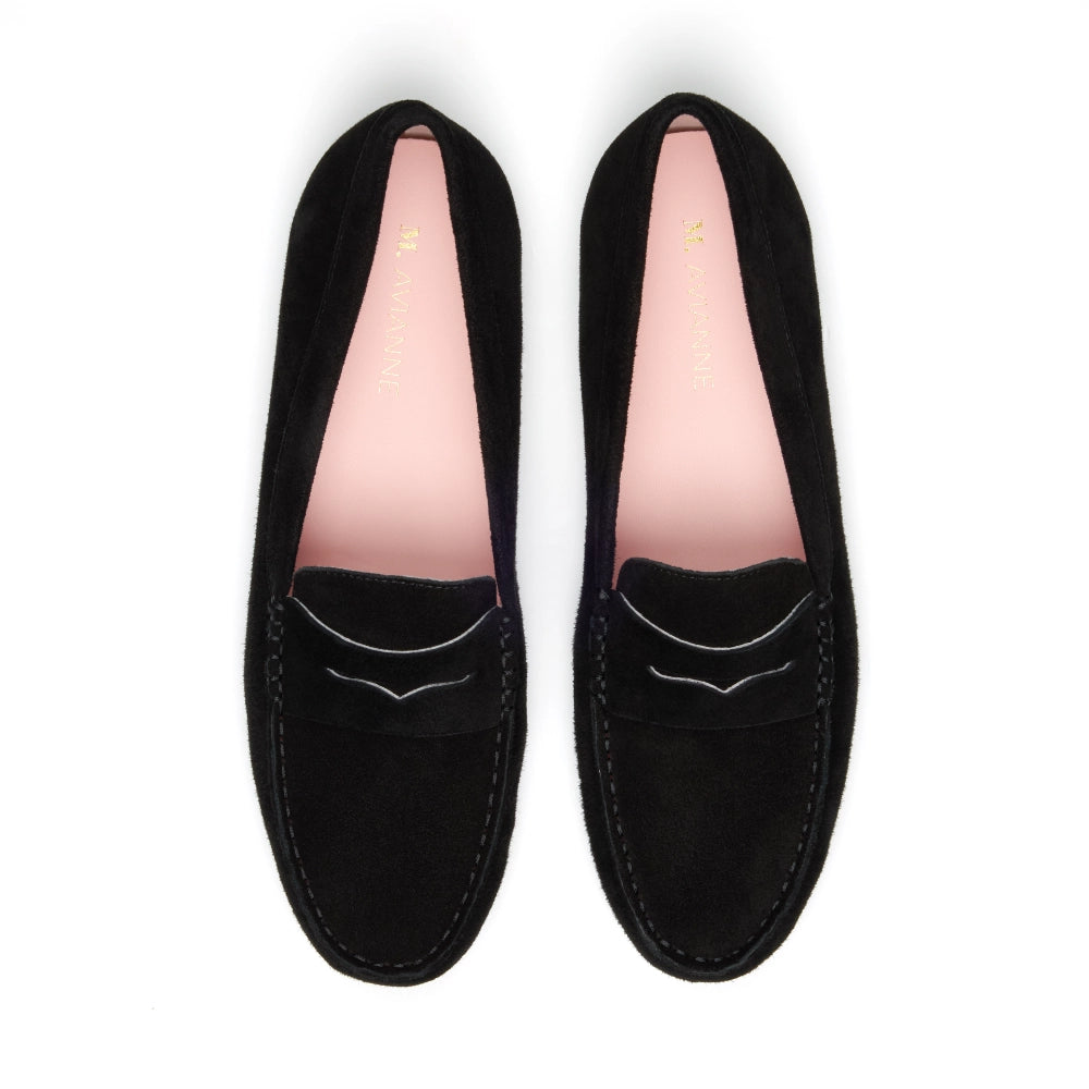 Front view of a pair of Black Madrid Suede Driver Moccasins