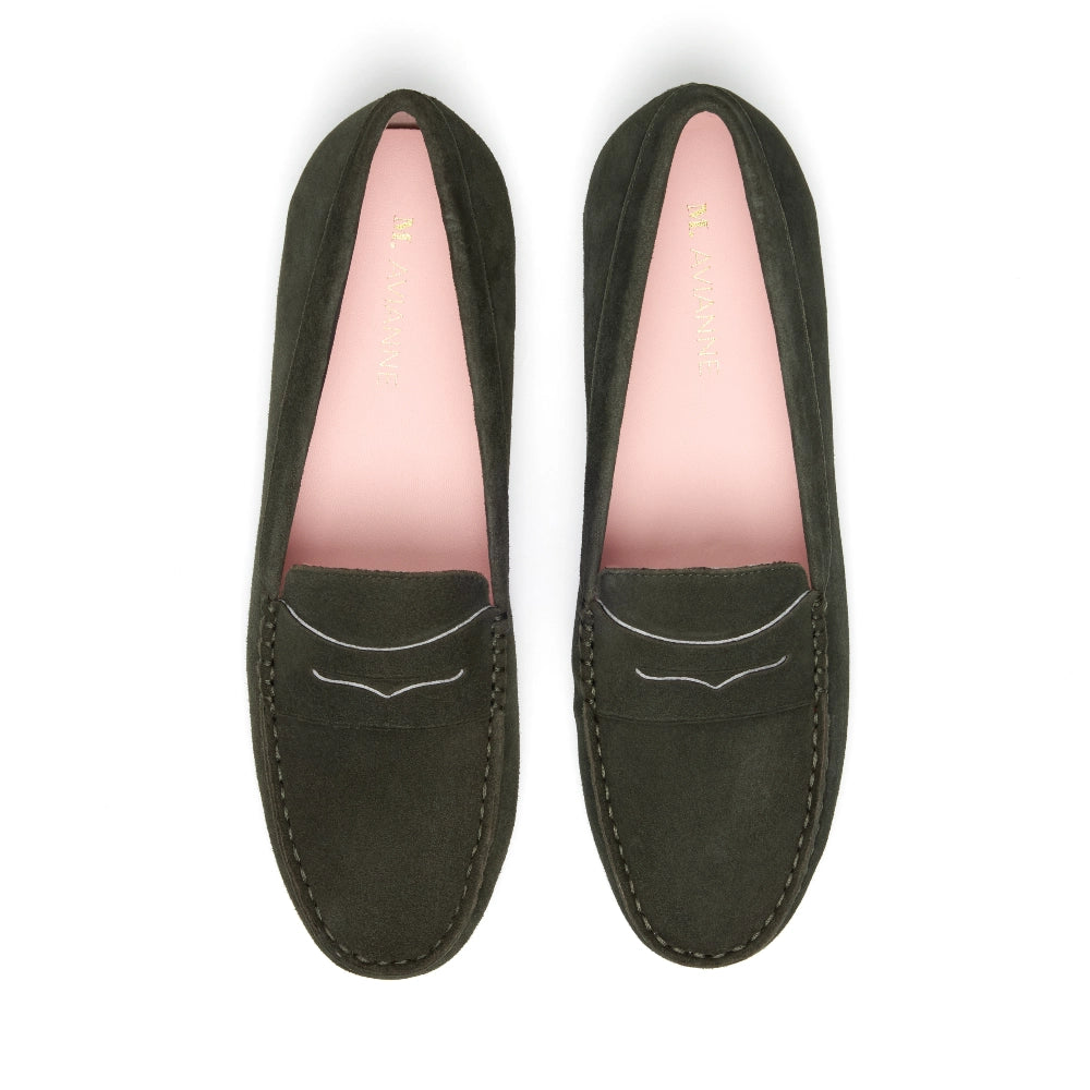 Pair of Madrid Suede Driver Moccasins in Olive, offering a perfect combination of luxury, comfort, and durable design.