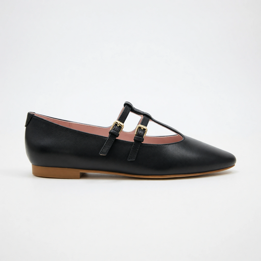 Sophia Black Double T-Strap Flat