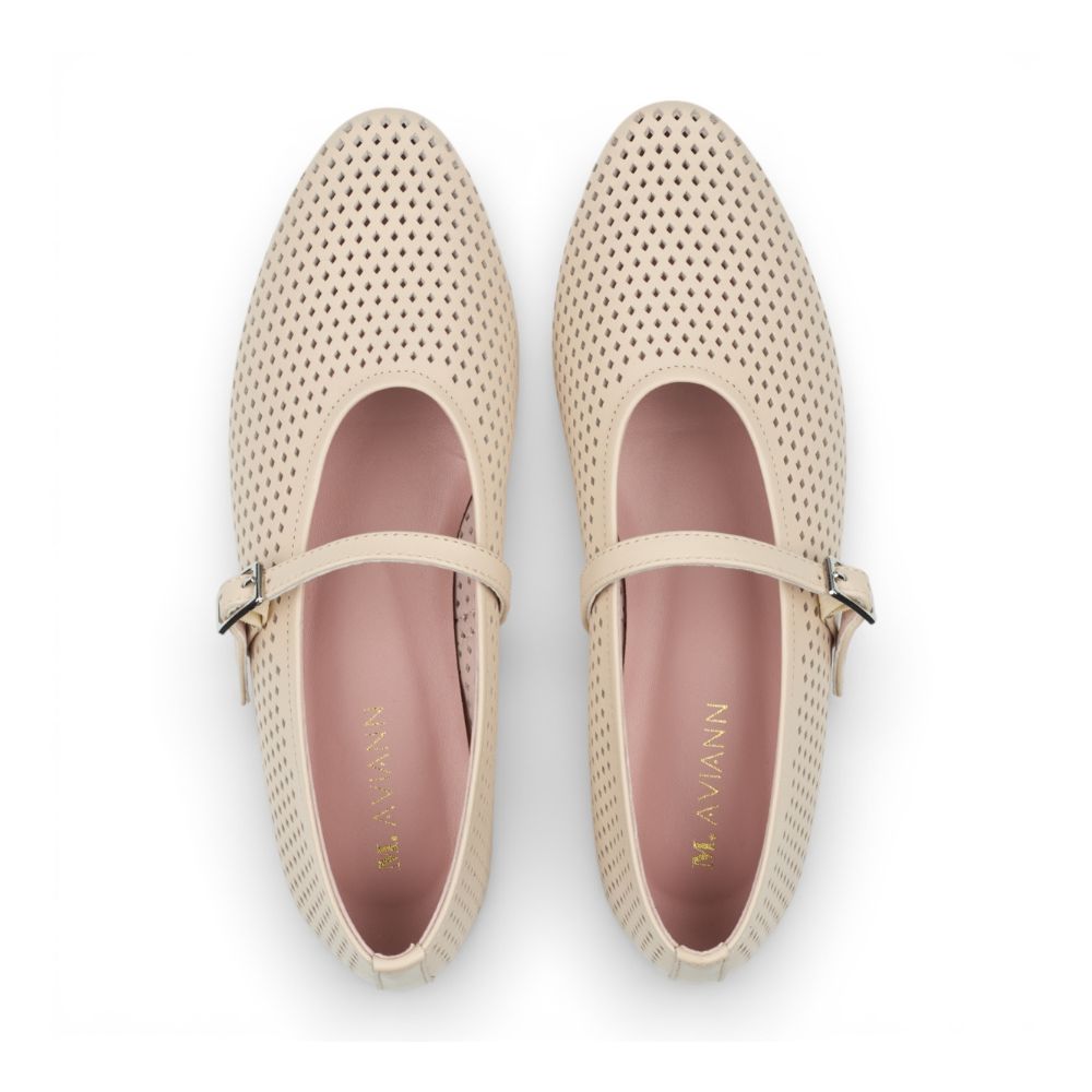 Pair of Richmond Bone Perforated Leather Mary Jane shoes with a strap on a white background