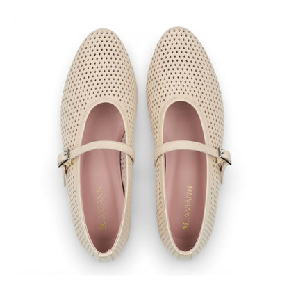 Pair of Richmond Bone Perforated Leather Mary Jane shoes with a strap on a white background