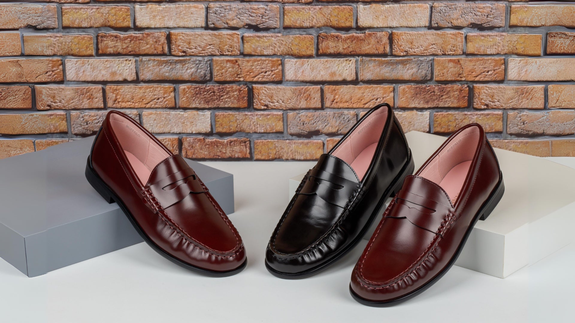 Black and maroon buffalo loafers