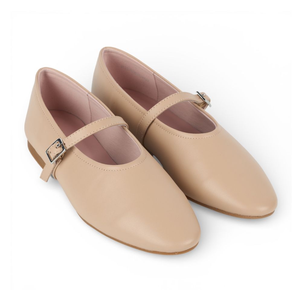 Pair of Richmond Cream Leather Mary Jane shoes with a strap on a white background