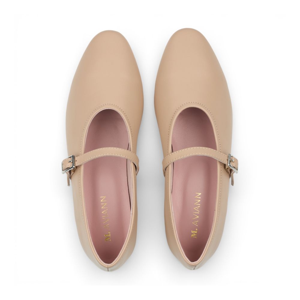 Pair of Richmond Cream Leather Mary Jane shoes with a strap on a white background