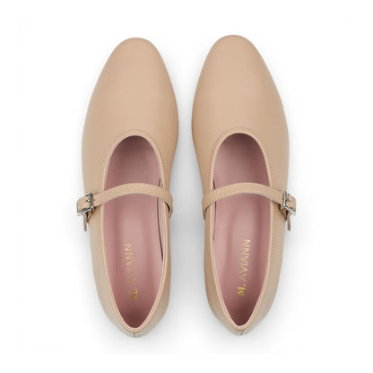 Pair of Richmond Cream Leather Mary Jane shoes with a strap on a white background