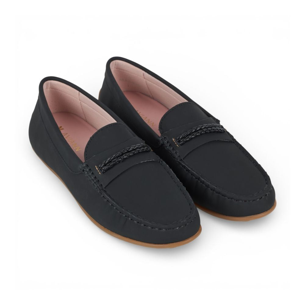 Pair of Madrid Black Gum Driver Moccasins with Rope Detail on a white background