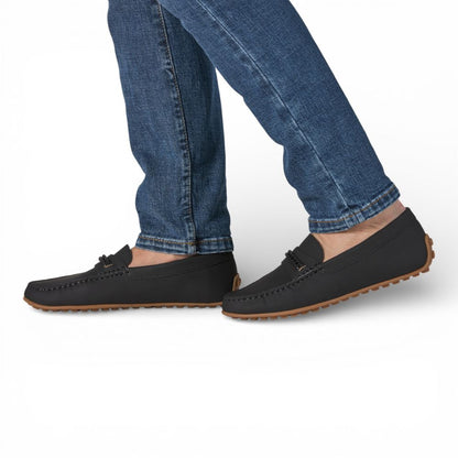 Madrid Black Gum Driver Moccasins with Rope Detail worn with blue jeans on a white background