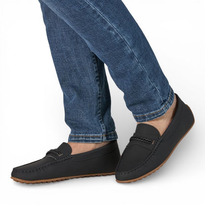 Madrid Black Gum Driver Moccasins with Rope Detail worn with blue jeans on a white background