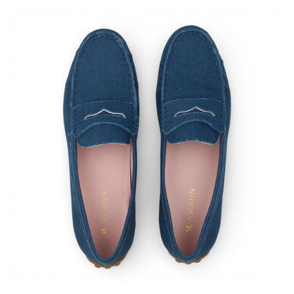 Pair of blue Madrid Denim Drive Moccasins on a white background