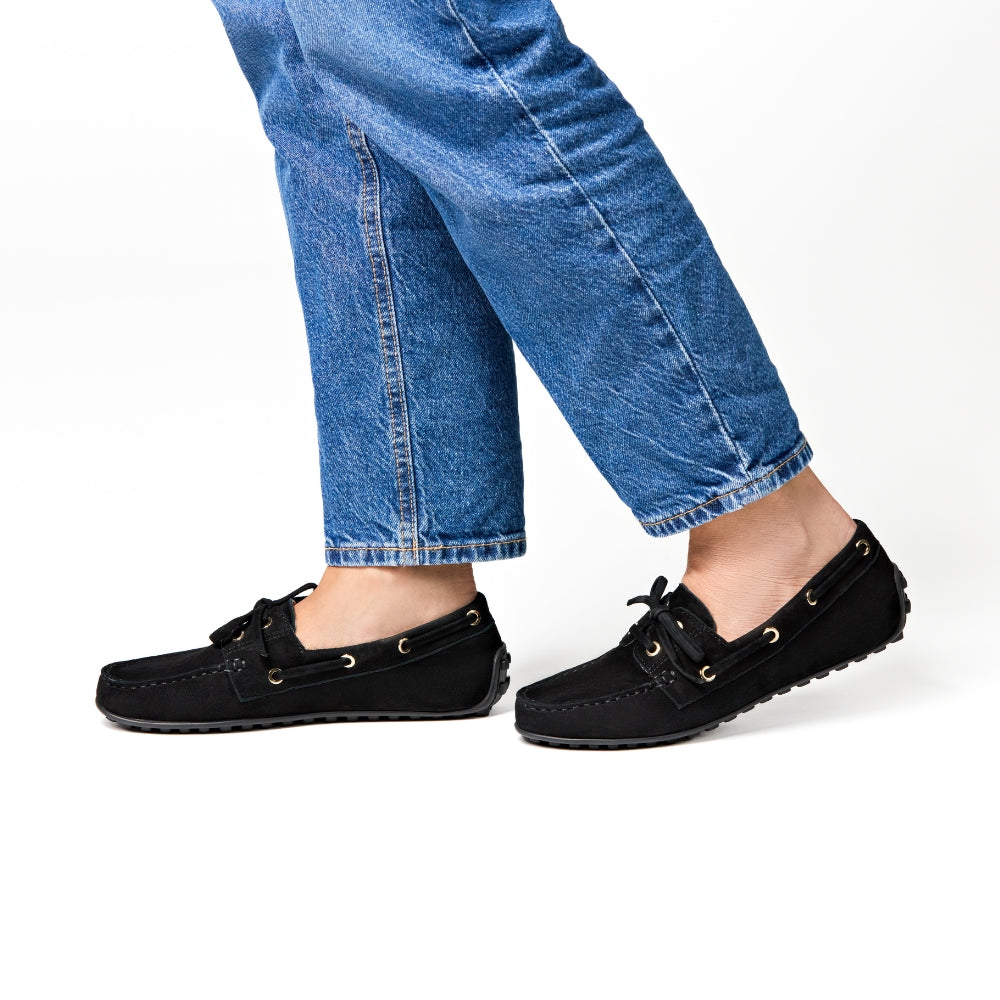Sevilla Black Suede Boat Moccasins
