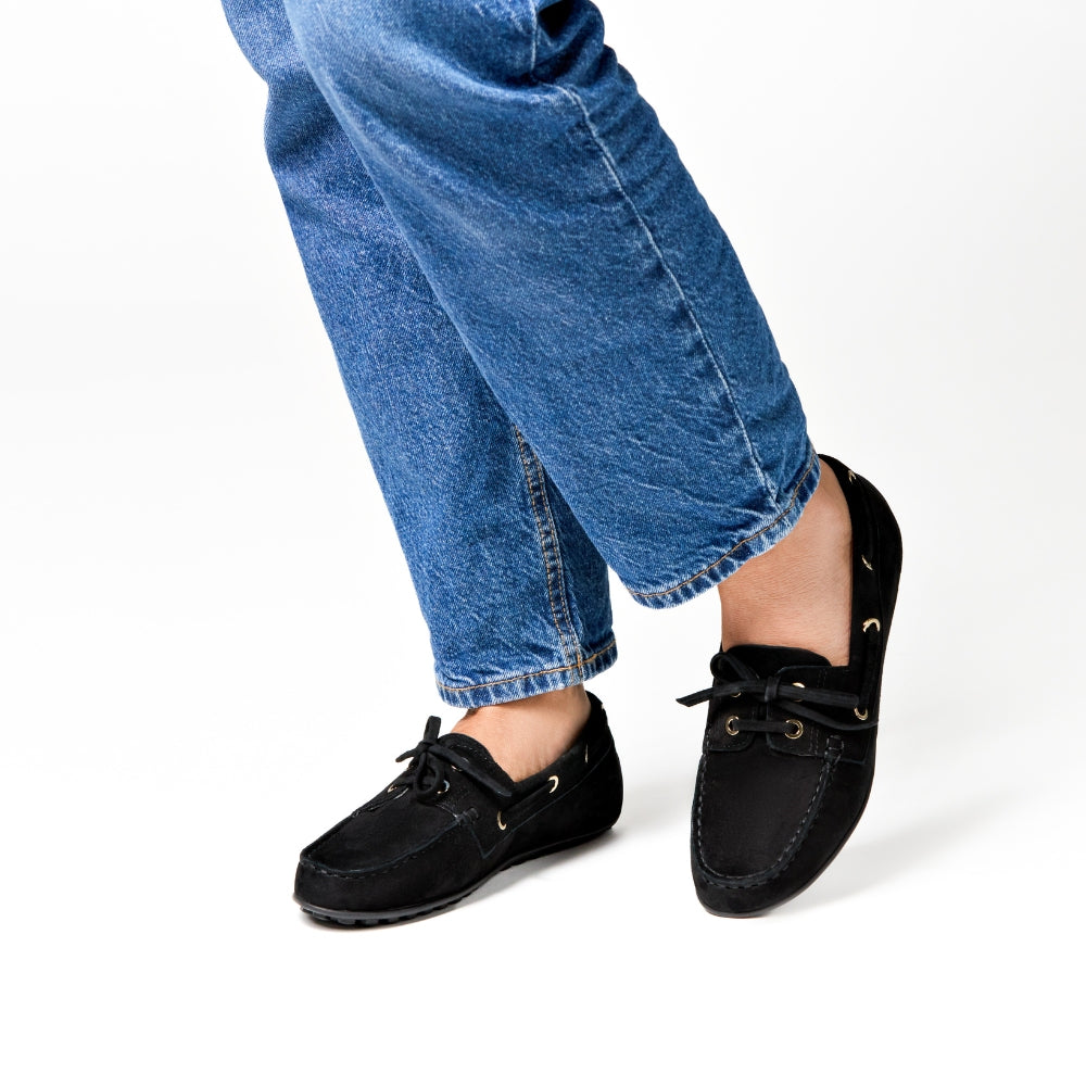 Sevilla Black Suede Boat Moccasins