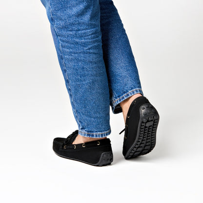 Sevilla Black Suede Boat Moccasins
