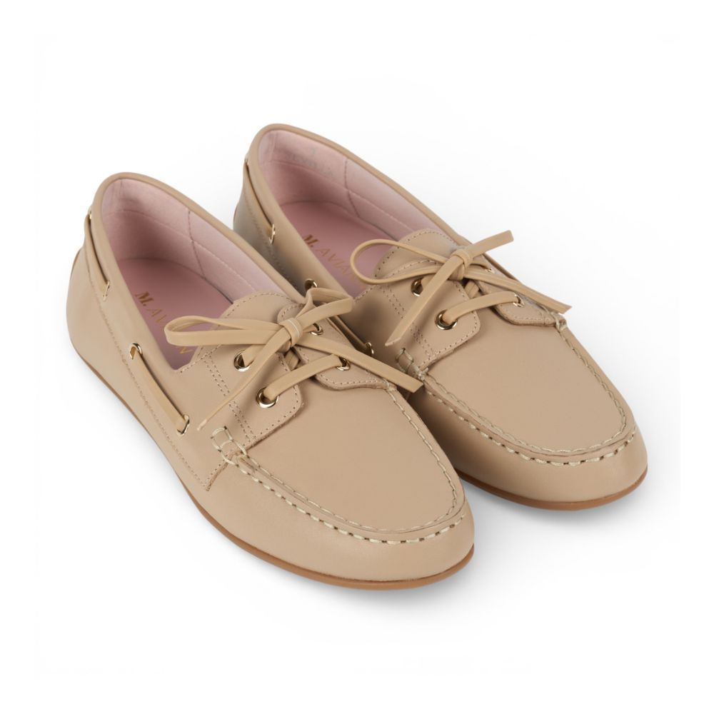 Pair of Sevilla Beige Leather Boat Moccasins shoes on a white background