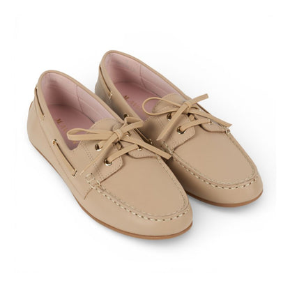 Pair of Sevilla Beige Leather Boat Moccasins shoes on a white background