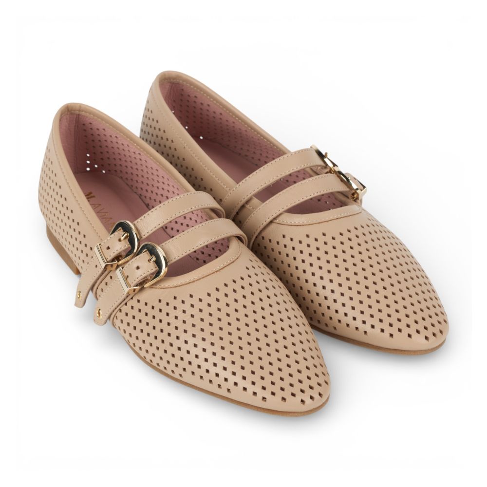 Pair of Dover Powder Perforated Leather Flat with Double Strap Details with gold buckles on a white background