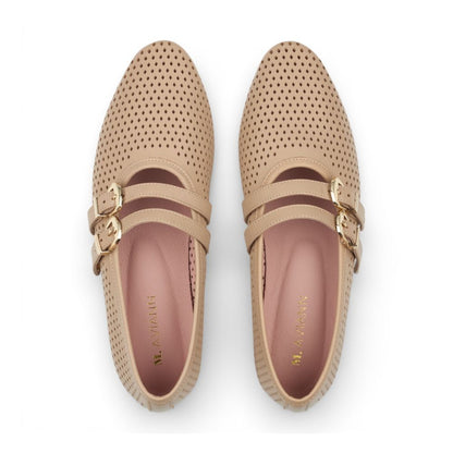 Pair of Dover Powder Perforated Leather Flat with Double Strap Detail with gold accents on a white background