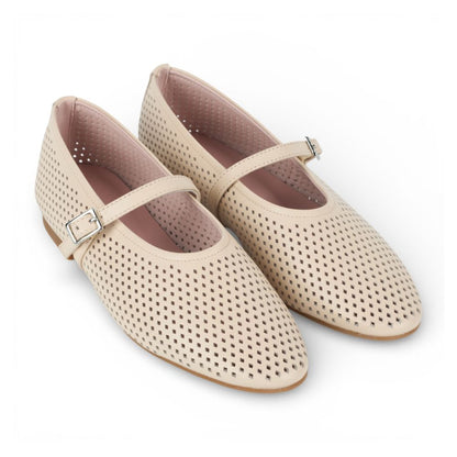 Pair of Richmond Bone Perforated Leather Mary Jane shoes with a strap on a white background