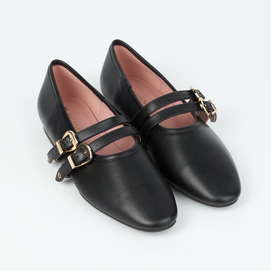 Dover Black Leather Flat with Double Strap Detail