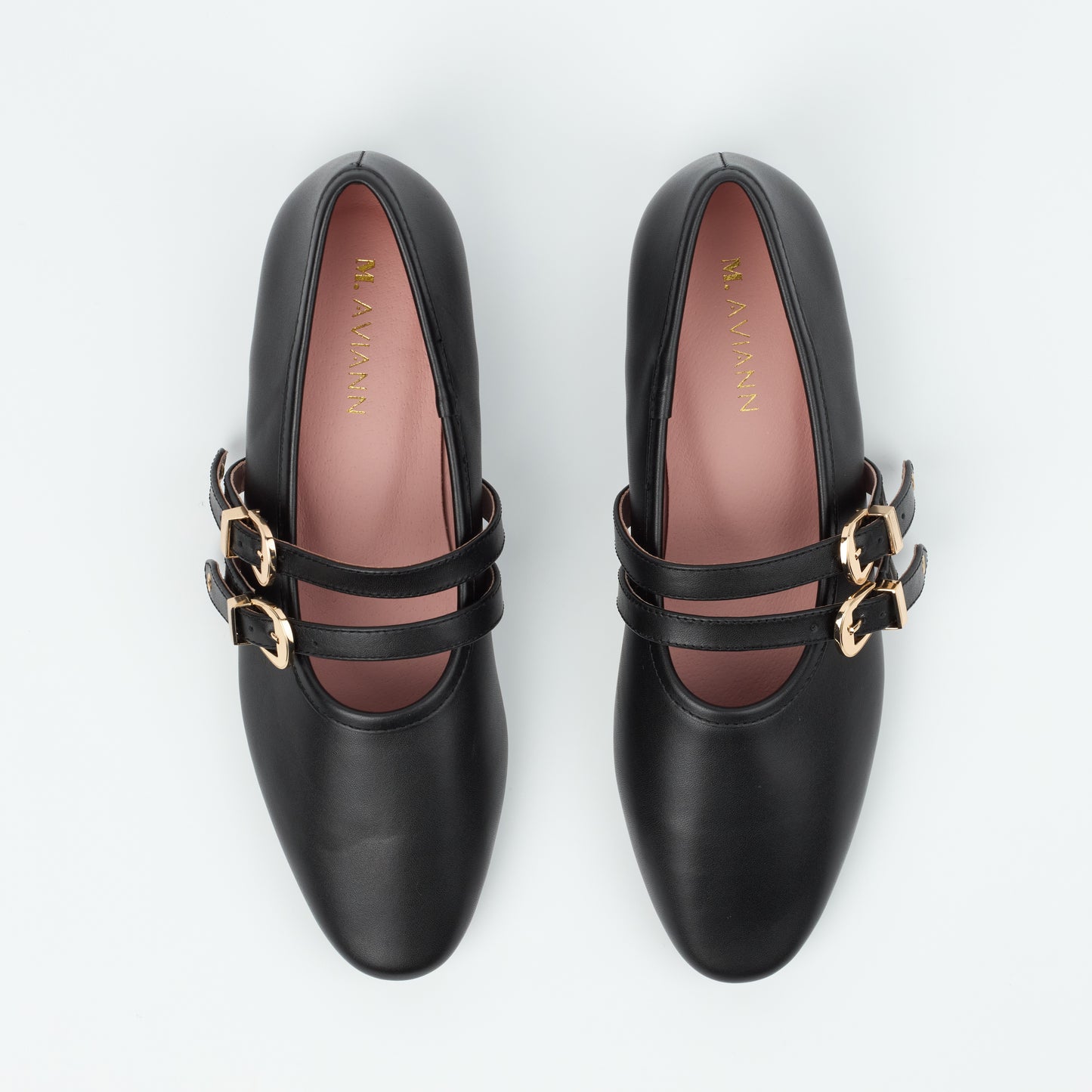 Dover Black Leather Flat with Double Strap Detail