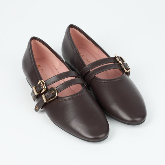 Dover Brown Leather Flat with Double Strap Detail