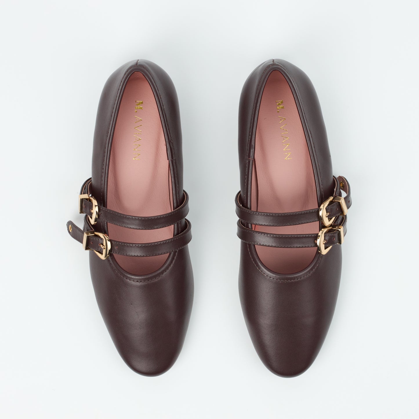 Dover Brown Leather Flat with Double Strap Detail
