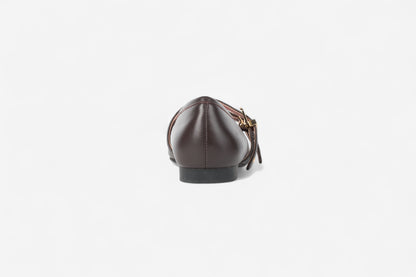Dover Brown Leather Flat with Double Strap Detail