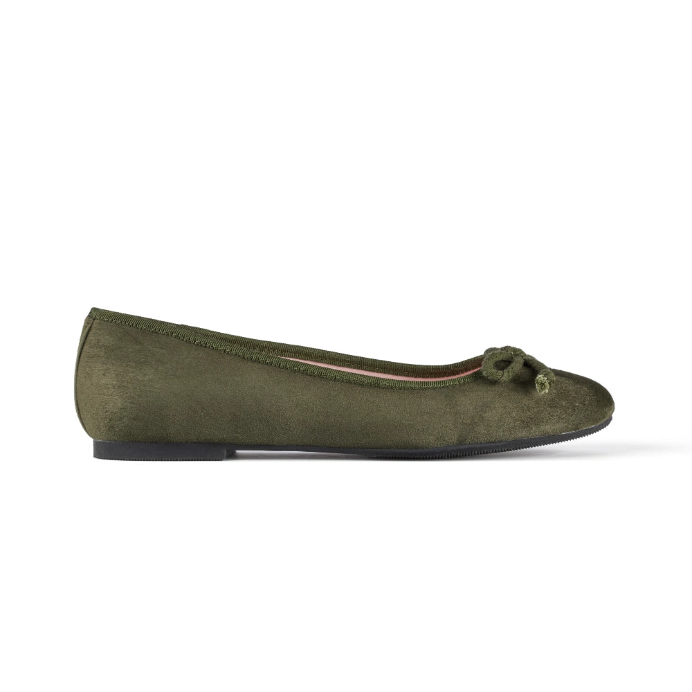 Side view of Concord Suede Flats in olive, blending classic style with contemporary comfort.

