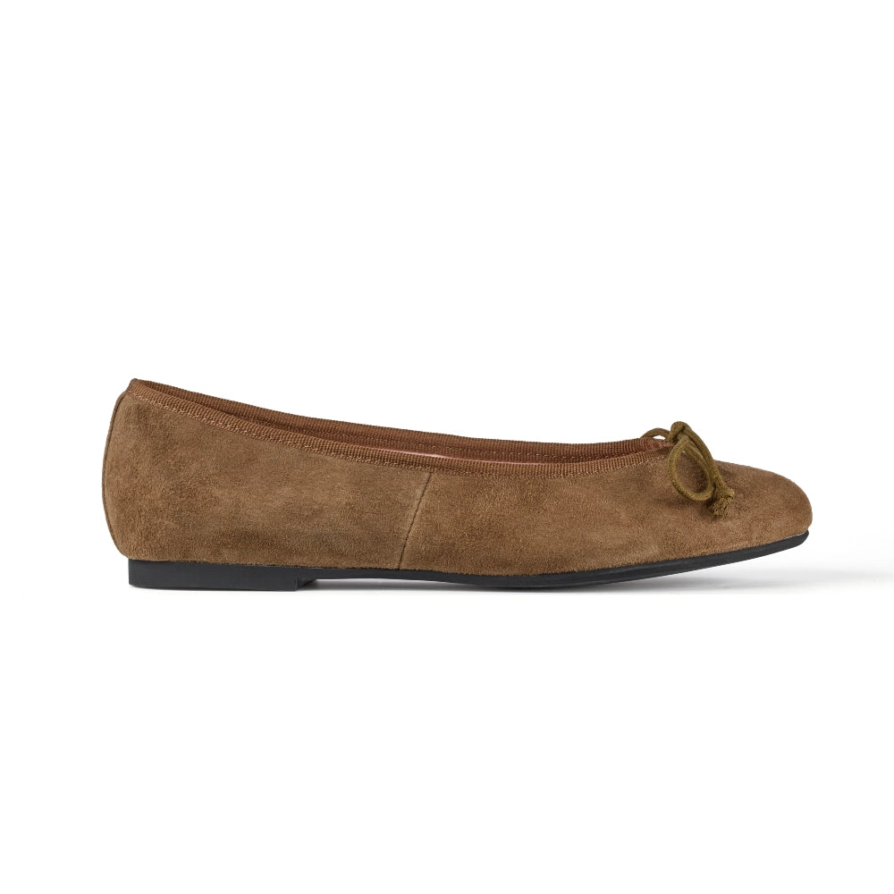 Side view of Concord Suede Flats in taupe, offering a sleek and chic design for any occasion.

