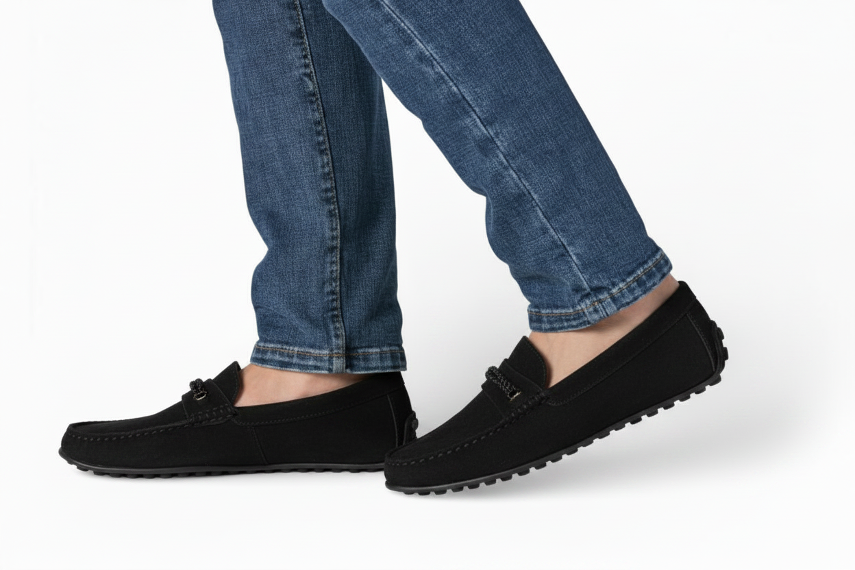 Capri Black Gum Driver Moccasins with Rope Detail