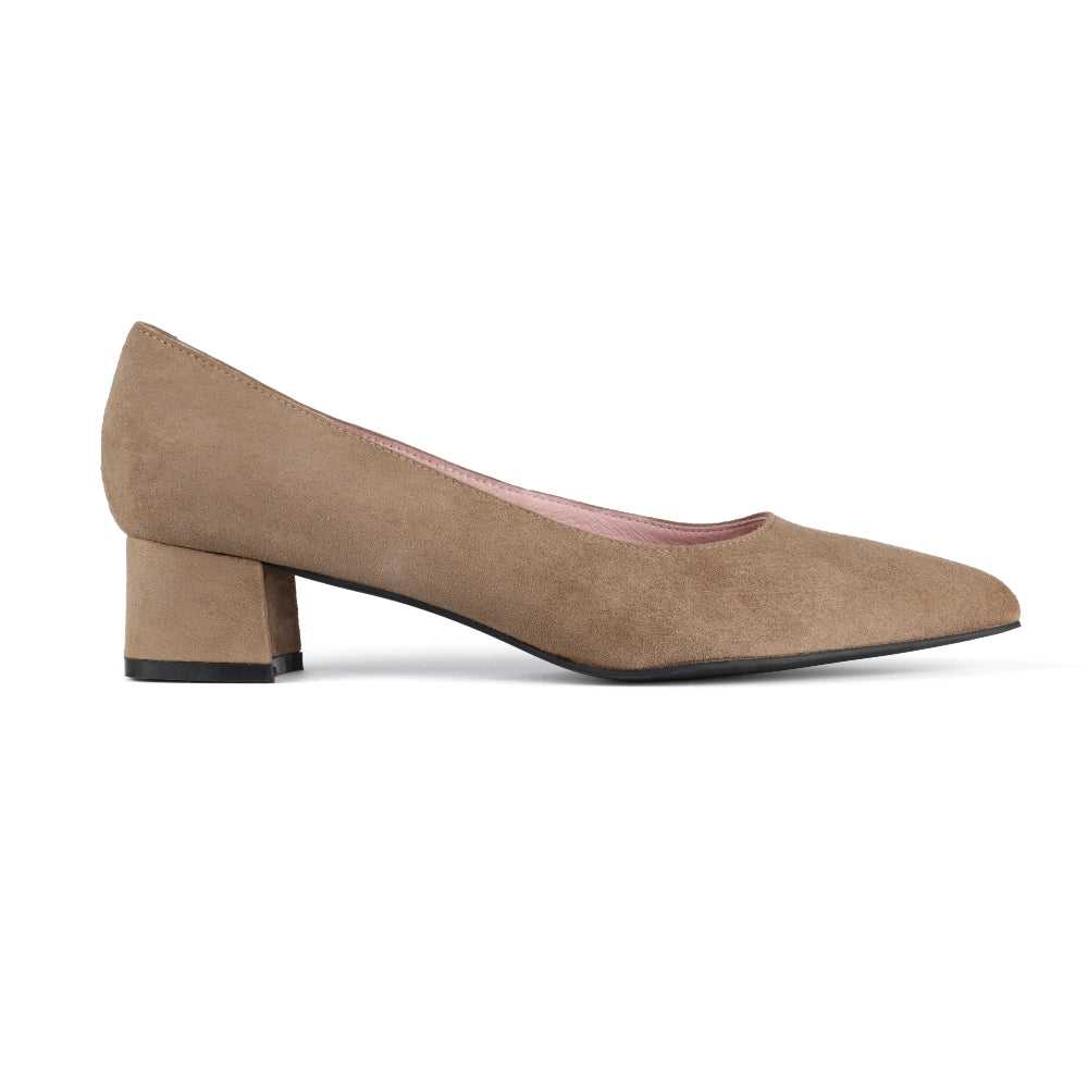 Side view of Taupe Lisbon Suede Heels