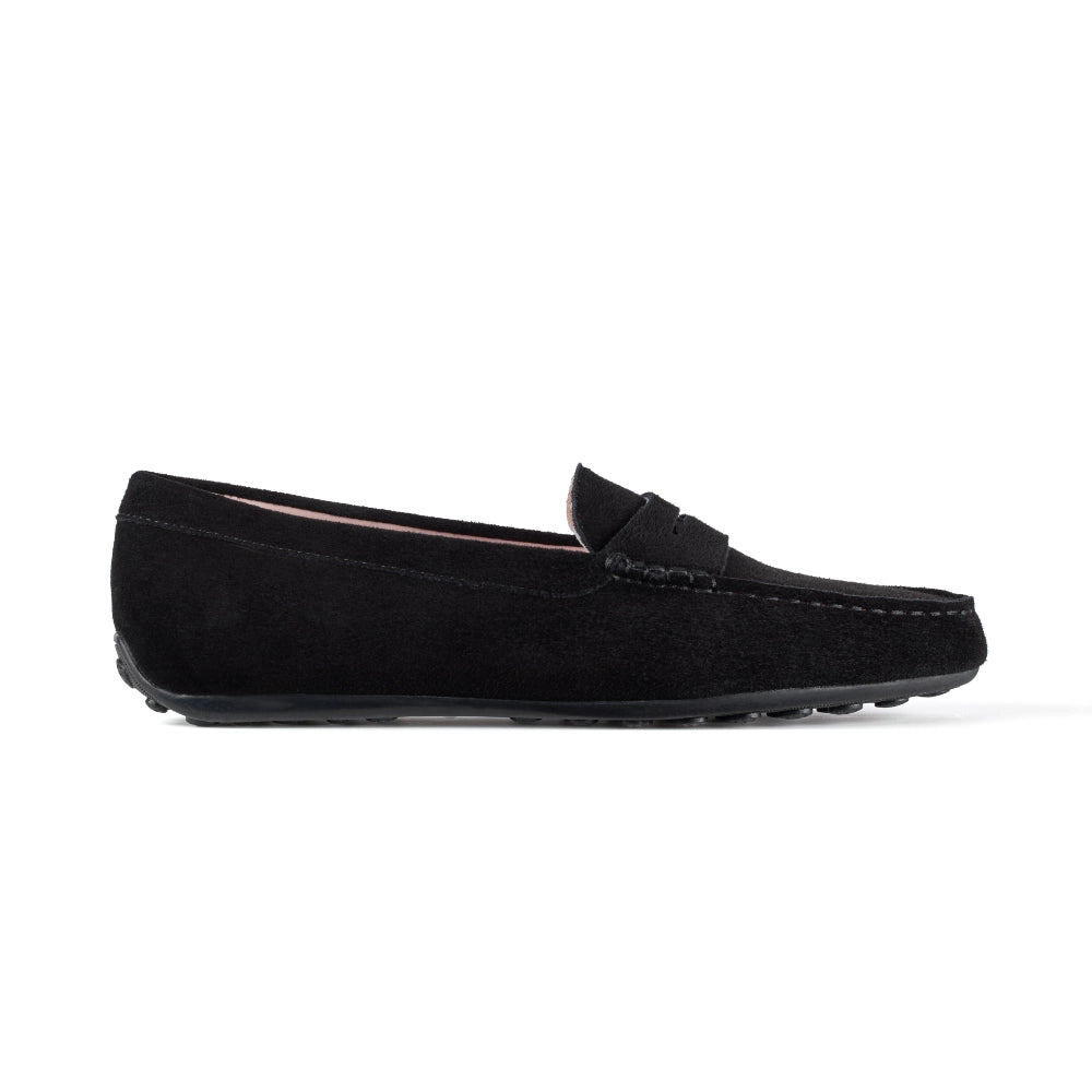 Side view of Black Madrid Suede Driver Moccasins