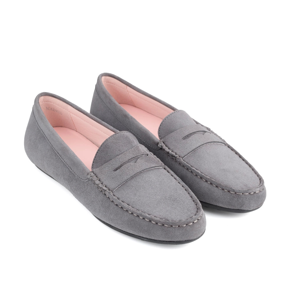 Slant view of a pair of Grey Madrid Suede Driver Moccasins