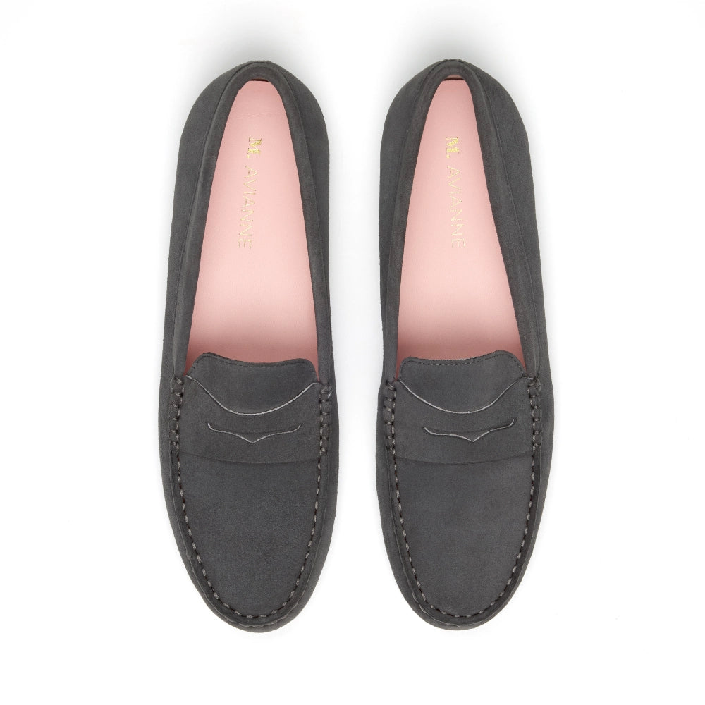 Front view of a pair of Grey Madrid Suede Driver Moccasins