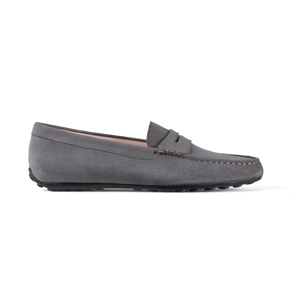 Side view of Grey Madrid Suede Driver Moccasins