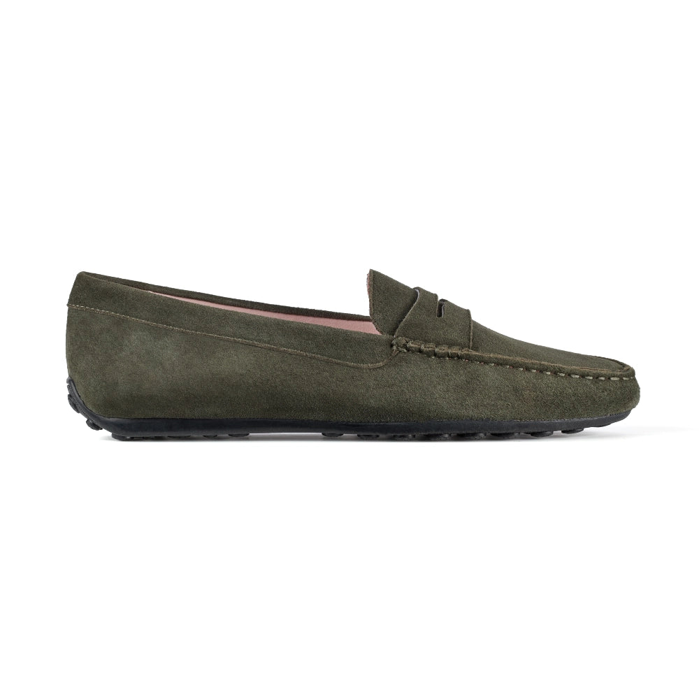 Side view of Olive Madrid Suede Driver Moccasins