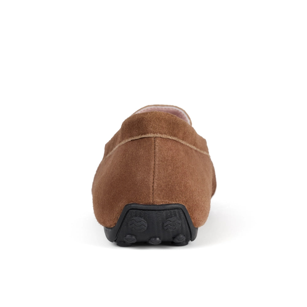Close-up of Madrid Suede Driver Moccasins in Tan, highlighting the high-quality suede texture and the stylish lace-up detail.