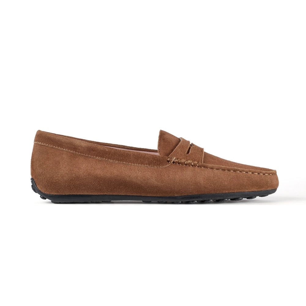 Side view of Madrid Suede Driver Moccasins in Tan, showcasing their sleek and refined design, ideal for everyday wear.