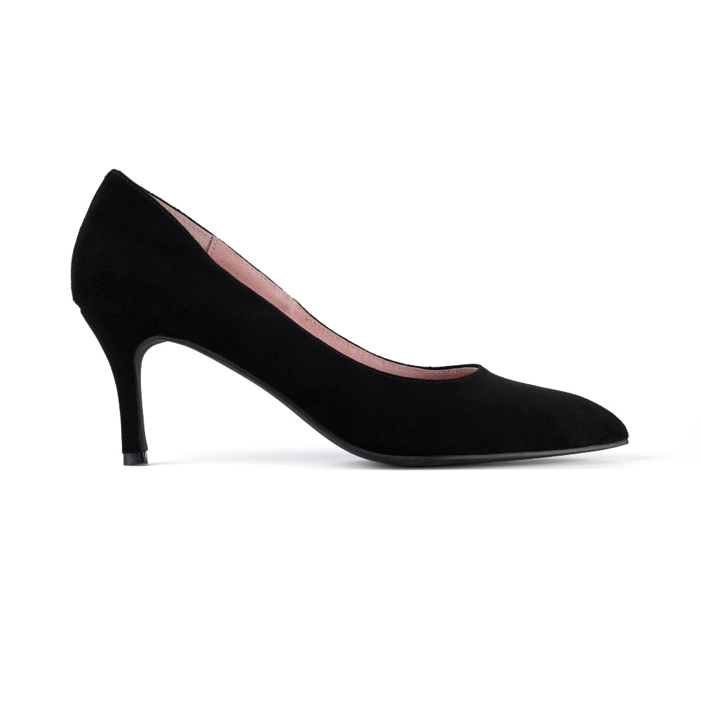 Side view of Paris Suede Heels in Black, showcasing their sleek and modern design, ideal for formal or professional settings.