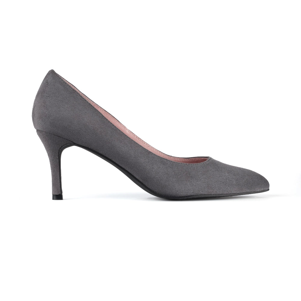 Side view of Paris Suede Heels in Grey, highlighting their sleek, modern silhouette and sophisticated design, perfect for any occasion.