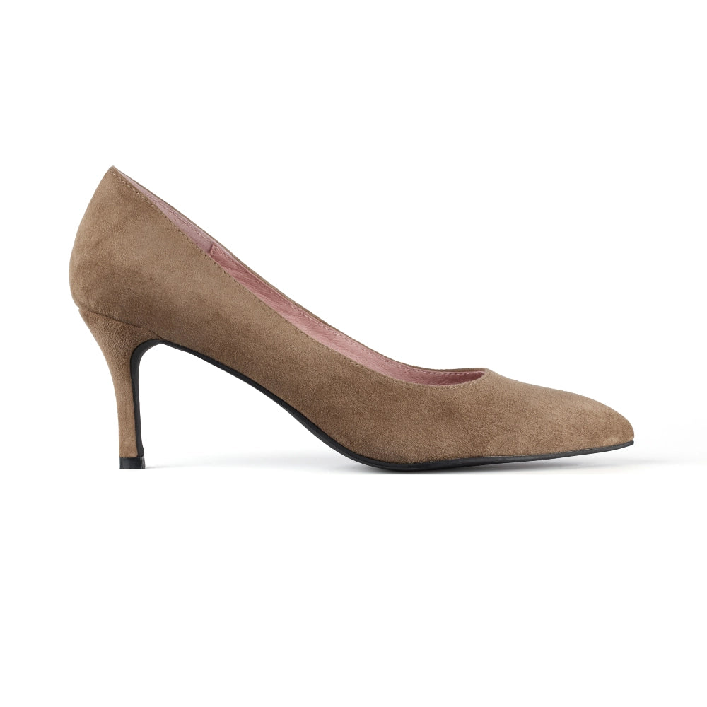 Side view of Paris Suede Heels in Taupe, showcasing their sleek silhouette and refined design, perfect for both casual and formal occasions.

