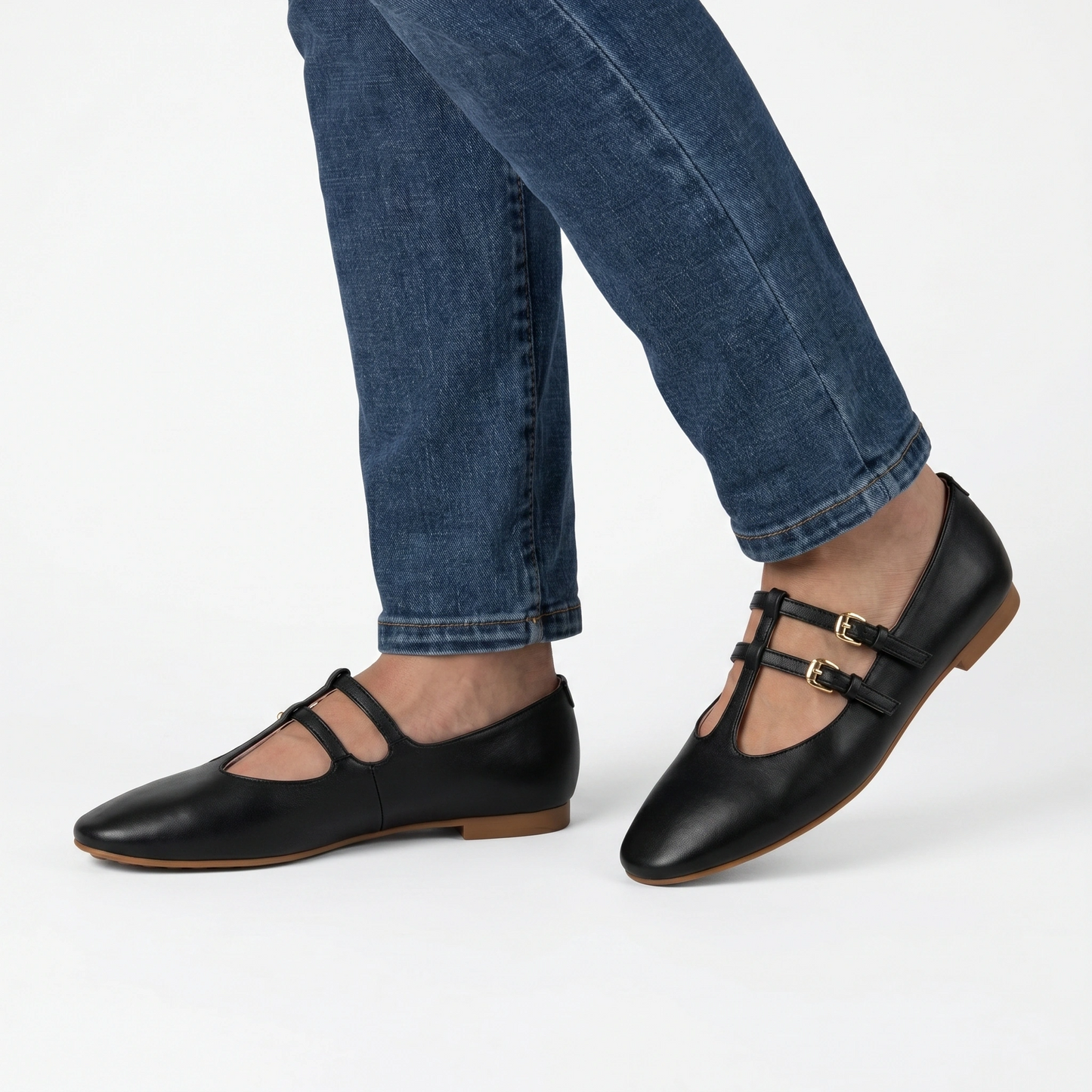 Sophia Black Double T-Strap Flat